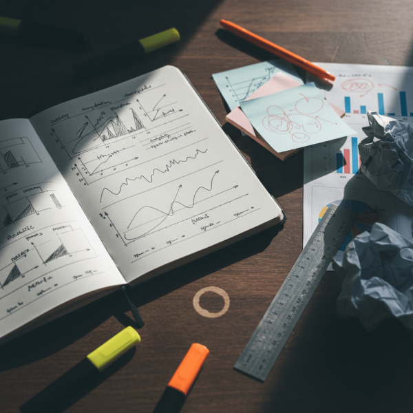 Espace de travail d'analyse SEO avec carnets annotés et graphiques de performance imprimés